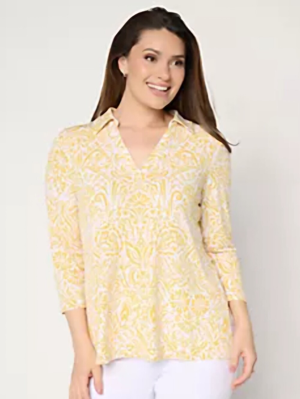 Medium Susan Graver Yellow & White Printed V-Neck Tunic New